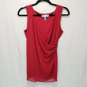 Nine & Co. Red White Polka Dot Faux Wrap Sleeveless Blouse Top Women's Size M